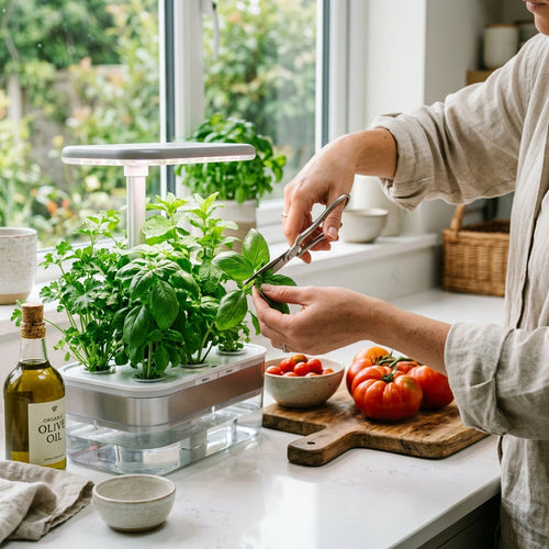 VerdantGlow Smart Hydroponic Planter - Fresh Kitchen Harvest Lifestyle